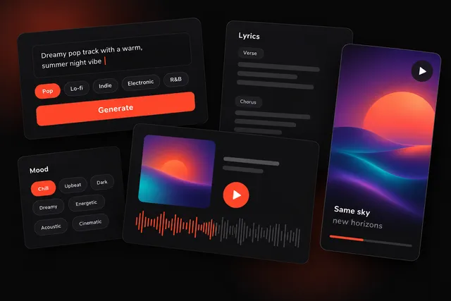A music app interface showing a text prompt box, a song player with a waveform and cover art, genre tags, a lyrics editor and a vertical lyric video preview.