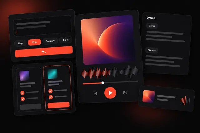 Music app screens showing a song prompt box, a lyrics editor, a generated song card with cover art and a plan comparison card.