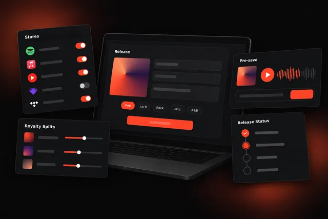 A music distribution dashboard showing a release upload form, store toggles, royalty splits and a release status timeline.