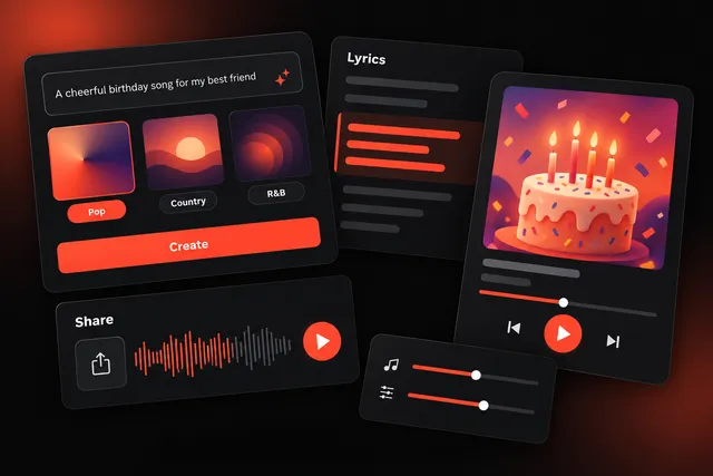 Music app screens showing a birthday song prompt, a lyrics editor, genre cards and a player with birthday cake cover art.