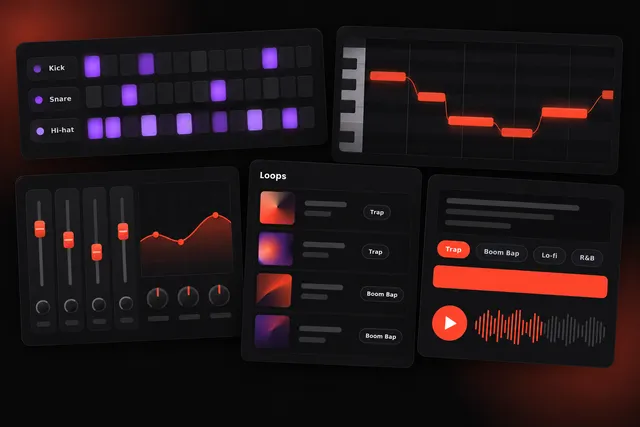 Music app screens showing a drum machine grid, an 808 piano roll, a mixer, a loop library and an AI beat prompt card for making a rap beat.