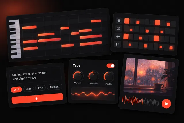 Music app screens showing a chord piano roll, swung drum grid, tape effect plugin and a lofi track card with rainy-window cover art.