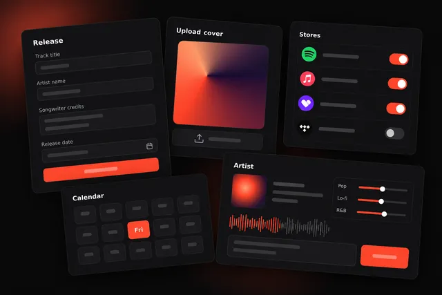 Music app screens showing a release upload form, cover art panel, streaming store toggles and a release calendar for publishing a song to Spotify.