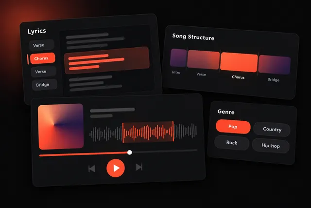 Music app screens showing a lyrics editor with a highlighted chorus, a song structure timeline, a waveform player and a genre selector.