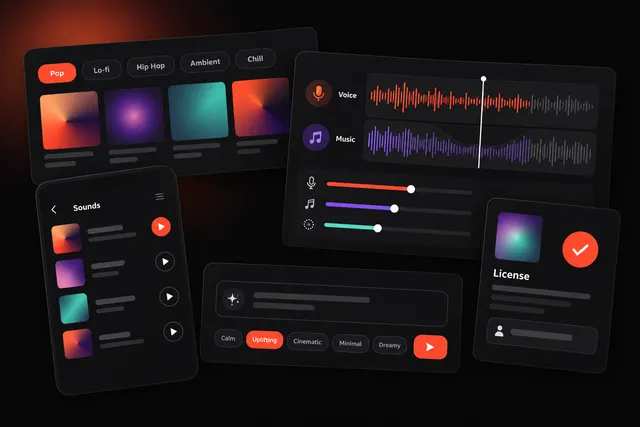 Music app screens showing a background music library, a waveform editor with ducking, a short-video sound picker and a license card.