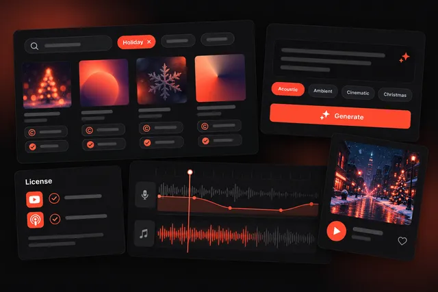 Music app screens showing a holiday music library search, a Christmas song prompt, license details and a video editor timeline with background music.