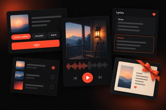 Music app screens showing a lyrics editor, a song prompt with genre tags, a playback card with porch-light cover art, and a lyric sheet gift card.