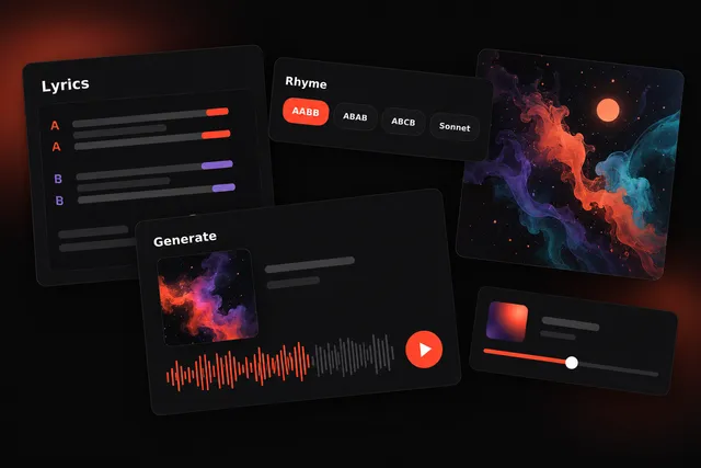 Music app screens showing a lyrics editor with color-coded rhyme letters, a rhyme scheme selector, a song player waveform and abstract cover art.