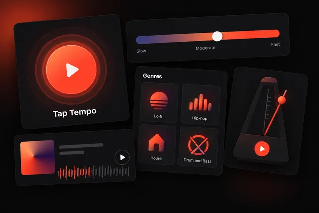 Music app screens showing a tap tempo button, a slow-to-fast tempo slider, genre tempo cards and a metronome widget.